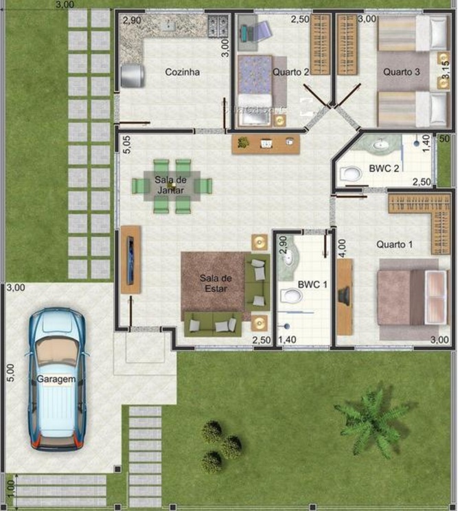 Plano De Casa De 90 M2 Y 3 Dormitorios