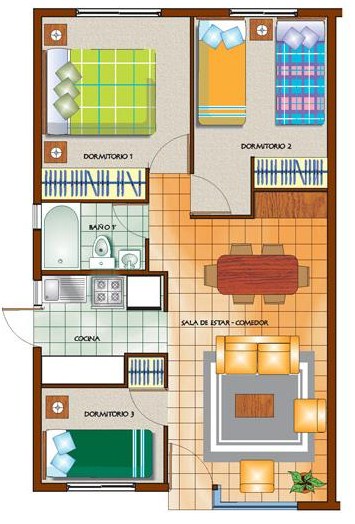 Plano de casa sencilla de 3 dormitorios