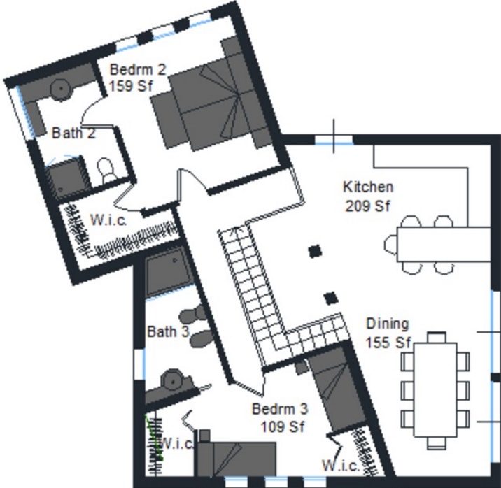 Plano de casa con diseño irregular y 2 pisos