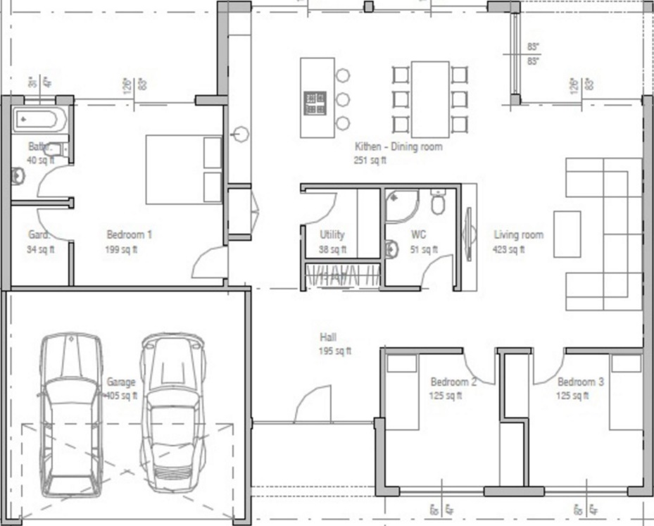 Plano de casa de un piso, dos garajes y 3 dormitorios