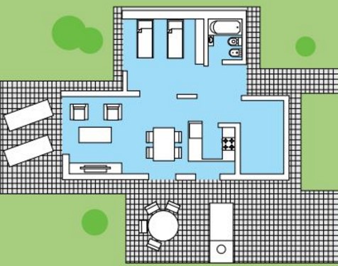 Plano de casa de 2 dormitorios con posible ampliación