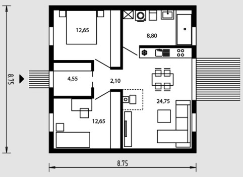 Plano de casa pequeña de 2 habitaciones