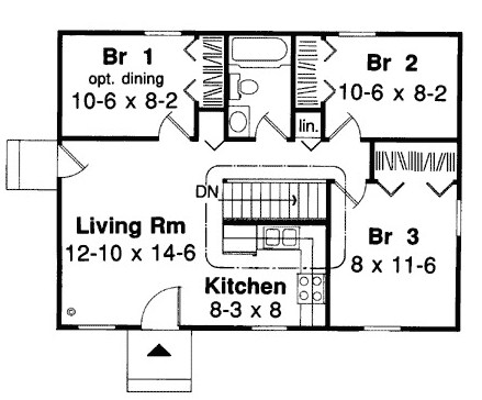 Plano de casa pequeña de 3 habitaciones