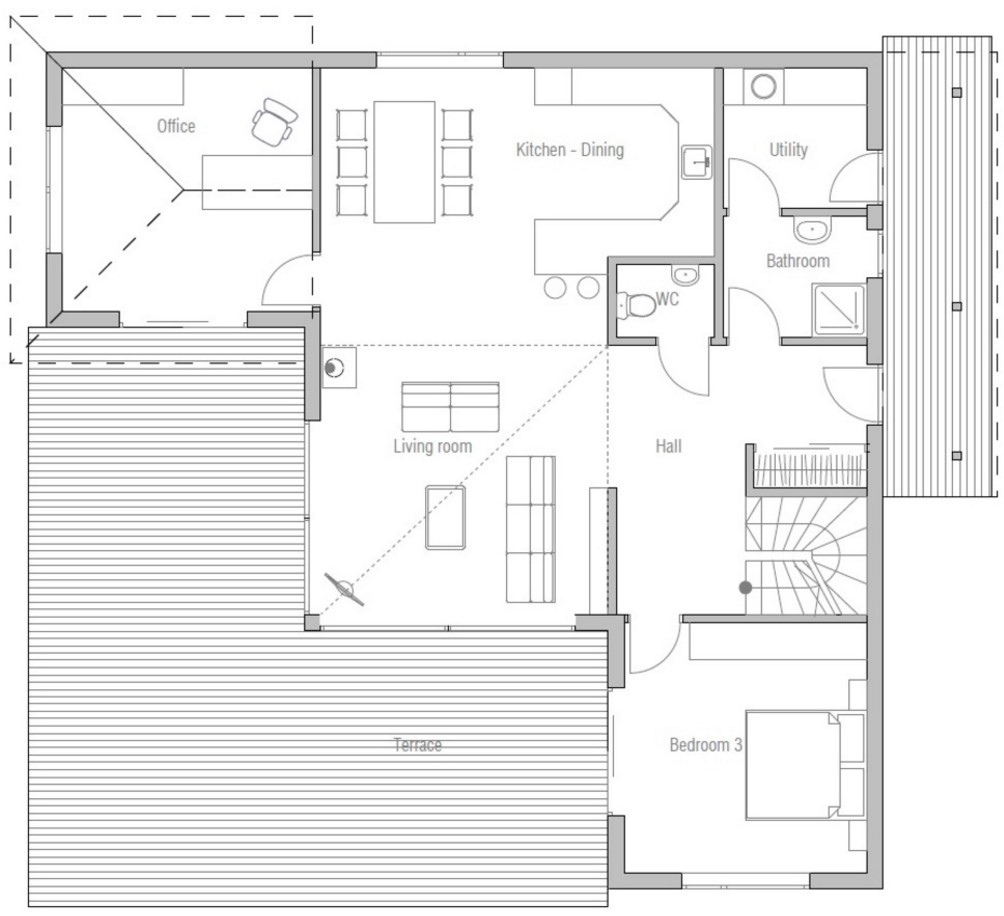 Plano de casa alta con 2 pisos y 3 dormitorios
