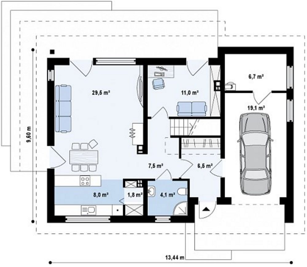 Plano de casa con techo a dos aguas