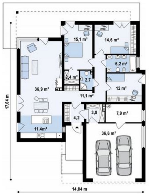 Plano de casa de 170 metros cuadrados