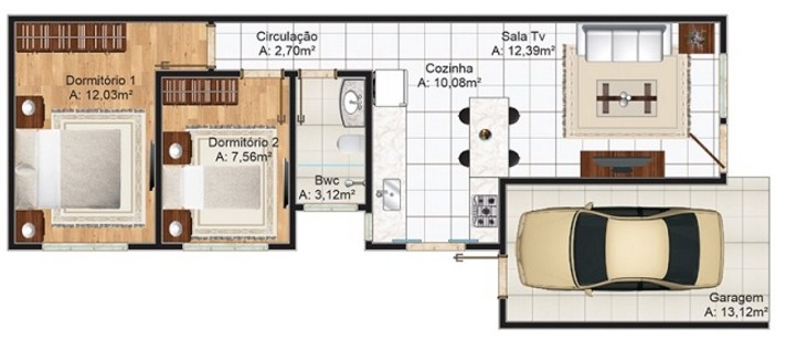 Planos de casas sencillas de un piso y 2 dormitorios