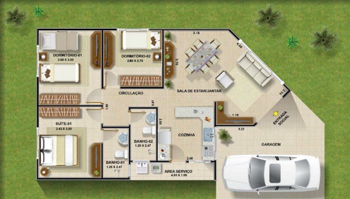Plano de vivienda de tres dormitorios