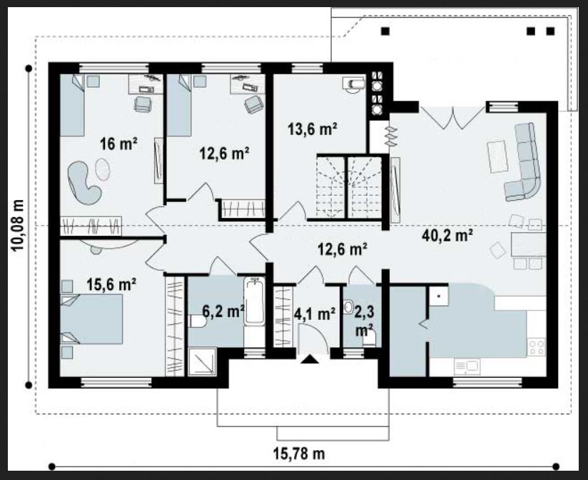 Plano de casa rectangular con cortes