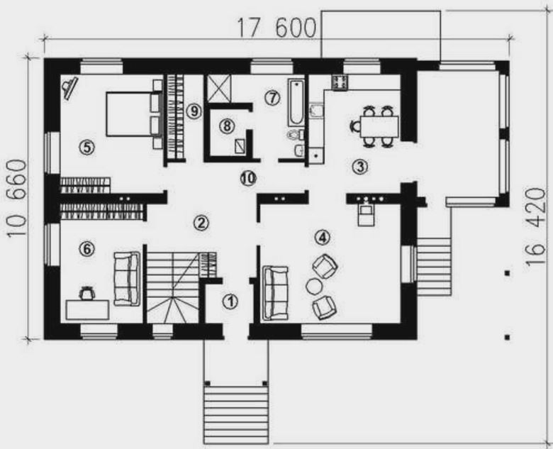 Plano de casa rústica de 2 pisos y subsuelo